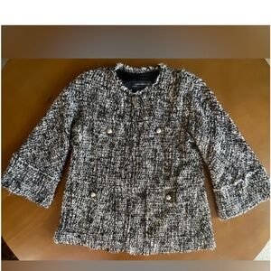 Zara Frayed Trim Boucle Tweed Jacket 3/4 Sleeve Full Zip Oversized Knit coat